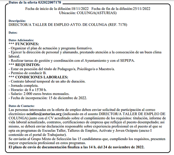 oferta Trabajastur director taller empleo colunga verde 2022-23