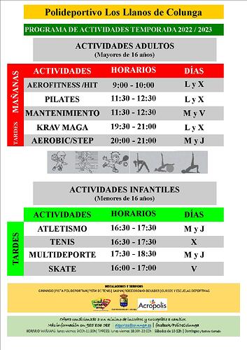 cartel actividades 2023 polideportivo de Colunga