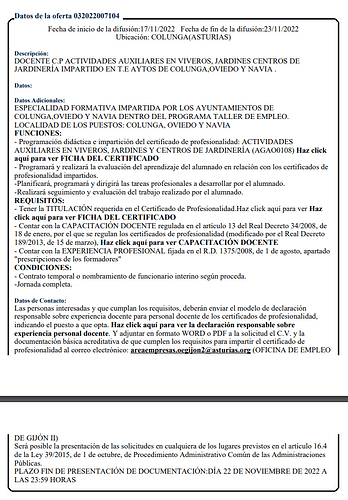 oferta Trabajastur docente taller empleo colunga verde 2022-23