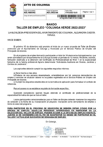 anuncio cartel taller empleo 22-23 Colunga Verde