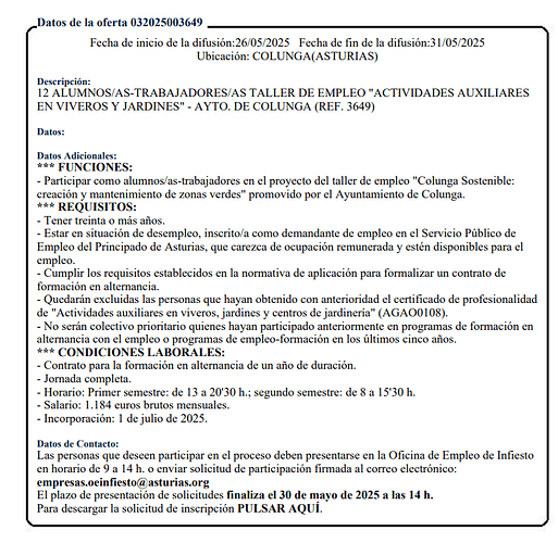 oferta taller empleo Julio 2025