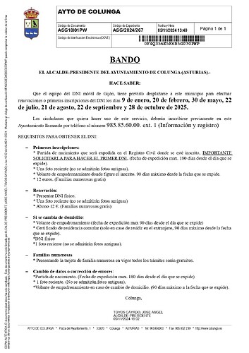 imagen bando renovación DNI en Colunga 2025